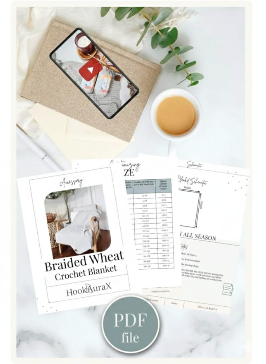 Braided Wheat Crochet Blanket Pattern PDF (16 Sizes)